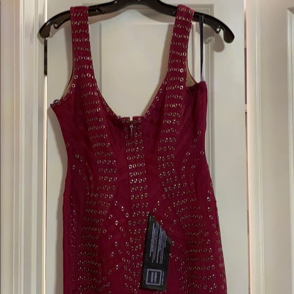 NWT Herve Leger Haleigh maroon grommet fringe dress L - Picture 7 of 13